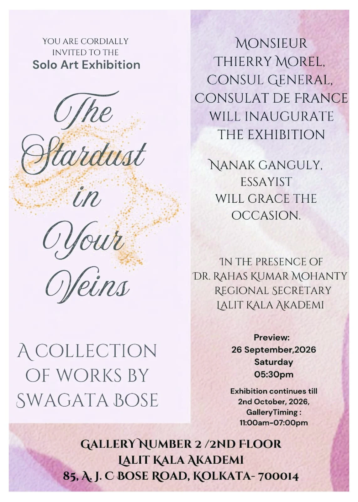 Invitation to The Stardust in Your Veins, a solo art exhibition by Swagata Bose